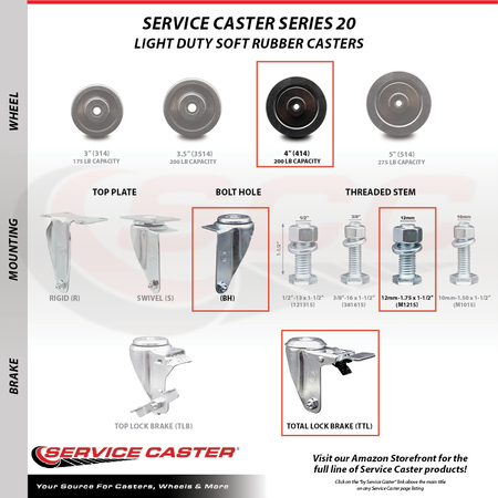 Service Caster 4 Inch Soft Rubber Wheel Swivel 12mm Stem Caster Set with Total Lock Brake SCC-TSTTL20S414-SRS-M1215-4